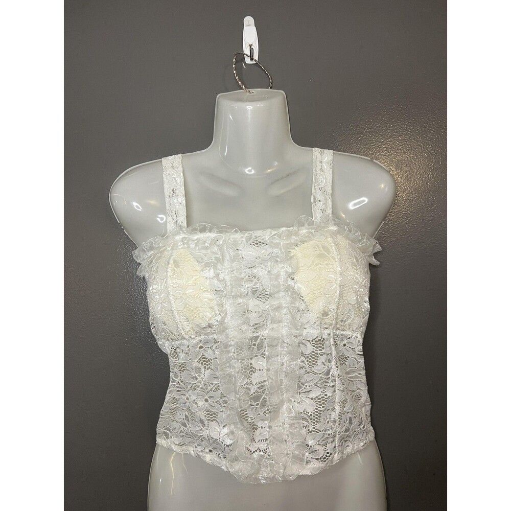 Handmade Lace Camisole Tank Top Womens Medium White Floral Padded Zip Back Sheer